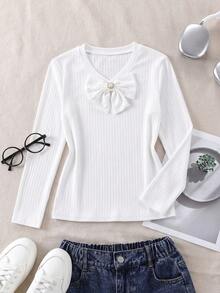 Girls' 3D Big Bow Striped Design V-Neck Long Sleeve T-Shirt, Autumn/Winter, Casual Outdoor Minimalist Fashion Versatile Elegant Preppy Style, Suitable For School, Commute, Social Gatherings - White - View 2