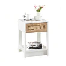 Rattan Side Table With Drawer, Modern Nightstand, Side Table For Living Room, Bedroom, White-H55/B40/D40 Cm - Natural+White - View 4