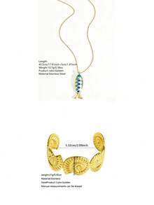 VceTd 2PCS Ocean Vacation Style Stainless Steel Women's Jewelry Set With Fish/Shell Pendant Design, Suitable For Daily Wear Or Beach Vacation Or Gift - Yellow Gold - View 14