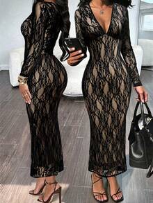RNU Women's Black Sheer Lace Long Sleeve Mermaid Maxi Dress, - Black - View 2