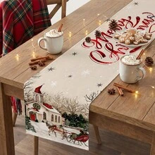 1pc Christmas Table Runner, Polyester, Vintage Rustic Style, Christmas Red House & Snowflake Design, Suitable For Winter Holiday Party Home Tabletop Decor,Home Decor,Christmas Decor,Party Supplies - Multicolor - View 2