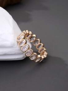 1pc Oval Cubic Zirconia Women's Ring, Copper Plated Gold Material, Suitable For Daily Wear And Evening Parties - Oval Ring - View 5