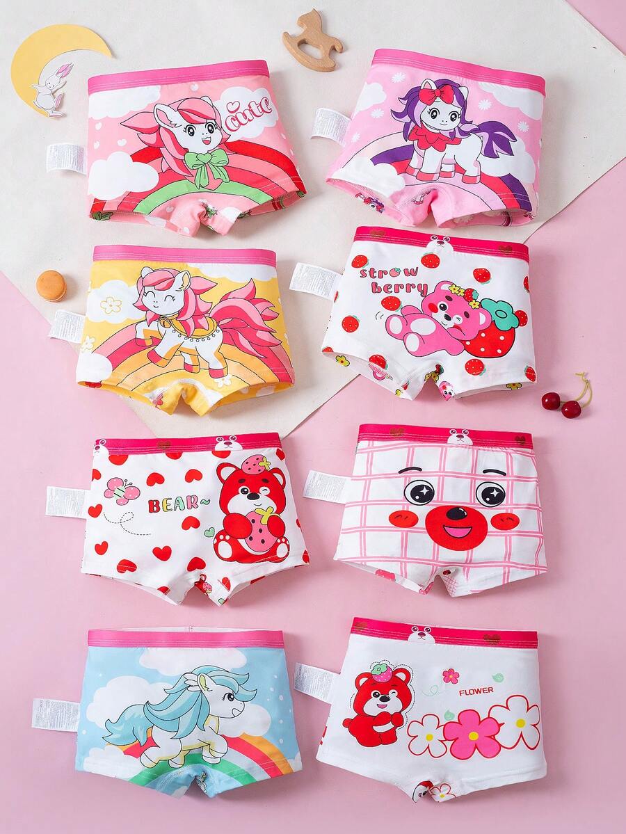 8pcs/Set Girls' Cute Bow, Cartoon Animal, Pony, Bear, Rainbow Print Breathable Briefs Underwear Set - Multicolor - View 1