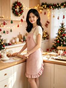 1pc Cute Pink Bow Print Ruffle Trim Women's Kitchen Apron, Sweet Lace Pocket Waterproof Home Cleaning Cooking Apron, Japanese & Korean Style Housework Baking Cleaning Gardening Apron - Multicolor - View 6