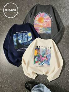 3pcs - Sweatshirt Kasual Wanita Terbaru dengan Kerah Bulat dan Hem Rajut Bergaris, Menampilkan Desain Cetak Gaya Kampus, Memancarkan Vitalitas Muda. - MultiWarna - View 2