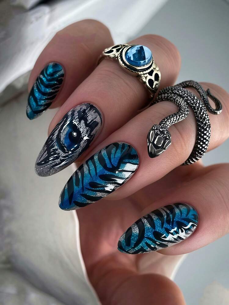 24pcs Almond Shape Y2K Leopard Print French Blue Silver Black Full Cover Press-On Nails With 1pc Jelly Glue And 1pc Mini Nail File, Suitable For Women's Daily Wear, Dating, Shopping, Party - Multicolor - View 1