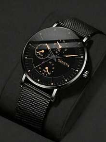 1pc Men's Watch, Black Mesh Strap Casual Round Dial Quartz Watch, Suitable For Daily Wear, Best Gift For Men - Black - View 1
