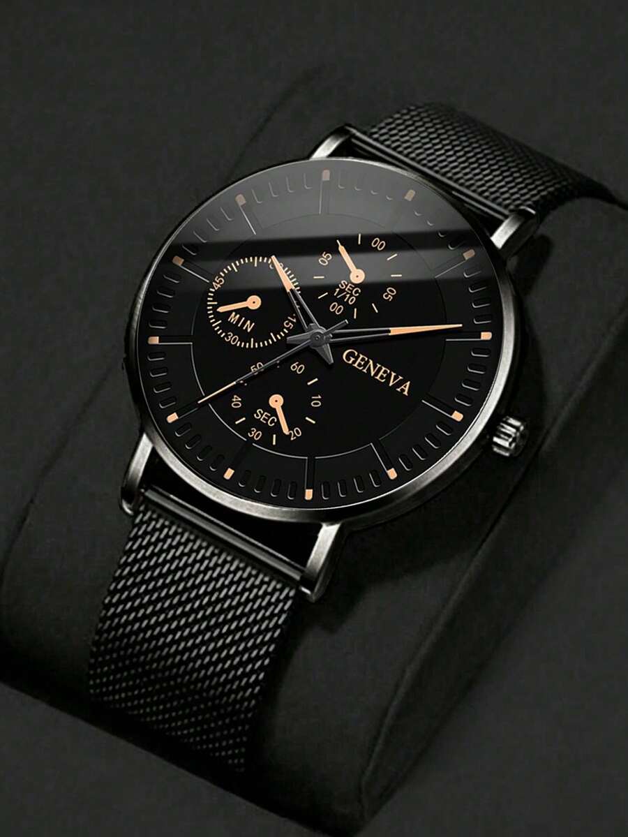 1pc Men's Watch, Black Mesh Strap Casual Round Dial Quartz Watch, Suitable For Daily Wear, Best Gift For Men - Black - View 1