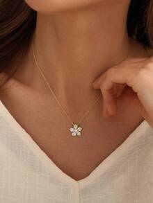 14K Gold Plated Delicate Flower Pendant Necklace, Sparkling CZ Cherry Blossom Necklace, Elegant Minimalist Women's Daily, Date, Party Wear Jewelry - Gold - View 6