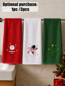 [1/3pcs] Cotton Christmas Cute Cartoon Embroidered Towels, Soft Super Absorbent Lint-Free Face Towels, Home Daily Use Adult Hand Towels Suitable For Kitchen, Bathroom And Living Room - Green/Red/White - Multicolor - View 1