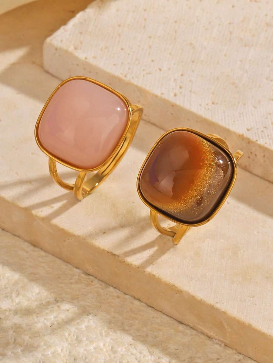 1 peça/2 peças Conjunto de Anéis Oval Vintage Elegante Banhado a Ouro 18K em Aço Inoxidável, Adequado para Uso Diário, Feriados e Encontros de Mulheres - Multicolorido - Visão 1