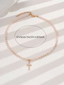 1pc Niche Fashion Design Faux Crystal Beaded Rhinestone Cross Pendant Necklace For Women - Apricot - View 4