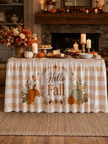 1PC Hello Fall Pumpkin Table Skirt, Cream Beige Farmhouse Polyester Ruffled Rectangular Table Cover With Autumn Wreath Maple Leaves Acorn & Orange Green Pumpkin Print, Seasonal Buffet Table Decor For Thanksgiving, Kitchen & Harvest Party - Multicolor - View 4