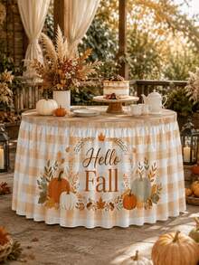 1PC Hello Fall Pumpkin Table Skirt, Cream Beige Farmhouse Polyester Ruffled Rectangular Table Cover With Autumn Wreath Maple Leaves Acorn & Orange Green Pumpkin Print, Seasonal Buffet Table Decor For Thanksgiving, Kitchen & Harvest Party - Multicolor - View 10