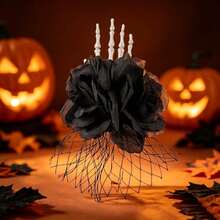 1pc Halloween Sweet & Dark Gothic Style Fabric Black Rose Brooch Set, Spider Skeleton Frame & Realistic Eyeball Decor Corsage Hand Flower, Halloween Party Cosplay Ball Gothic Costume Brooch Accessory - Black - View 4