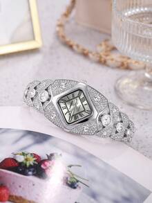 SOKI Women's Luxury Full Rhinestone Square Watch, Silver Roman Numeral Dial, Multi-Layer Crystal Rhinestone Chain Strap, Sparkling Elegant Quartz Wristwatch, Party Wedding Date Accessory, Perfect Gift Choice - Silver - View 8