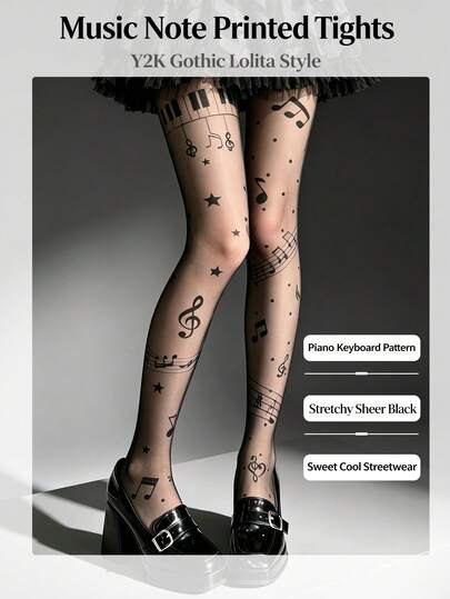 Y2K Piano Keyboard Sheet Music Note Star Polka Dot Tights Summer Thin Lolita Asymmetrical Print Pattern Stockings
