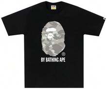 Ape Head Graphic Tee,Gray-Green Camouflage With White Lettering,VintageStreetwear,College Retro ,Popular Theme Patterns, Summer T-Shirt - 黑色 - 查看 7
