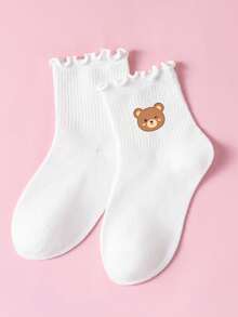 5 Pairs Random Cute Bear Print Baby Socks, Soft Breathable Mid-Calf Socks, Girls Toddler Style, Ruffle Cuff, All-Season Versatile Back To School - Multicolor - View 10