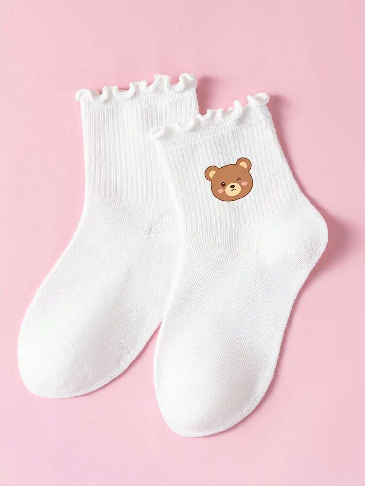5 Pairs Random Cute Bear Print Baby Socks, Soft Breathable Mid-Calf Socks, Girls Toddler Style, Ruffle Cuff, All-Season Versatile Back To School - Multicolor - View 10