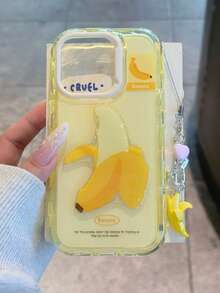 1件 3D香蕉手機殼 適用於16promax/IPhone16pro 韓系Ins新款 15/14 小眾創意高級 13 可愛卡通 11/12 女生風，適用於IPhone17Promax 17pro 17 17Air 3D香蕉附掛繩智慧型手機保護殼 - 黃色 - 查看 1