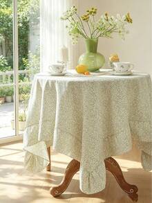 1pc Tablecloth With Scalloped Lace Trim, Polyester Fabric, Light Green Floral Pattern, Rectangular/Square Tablecloth, Suitable For Dining Room And Living Room Tabletop Decoration - Light Green - View 2