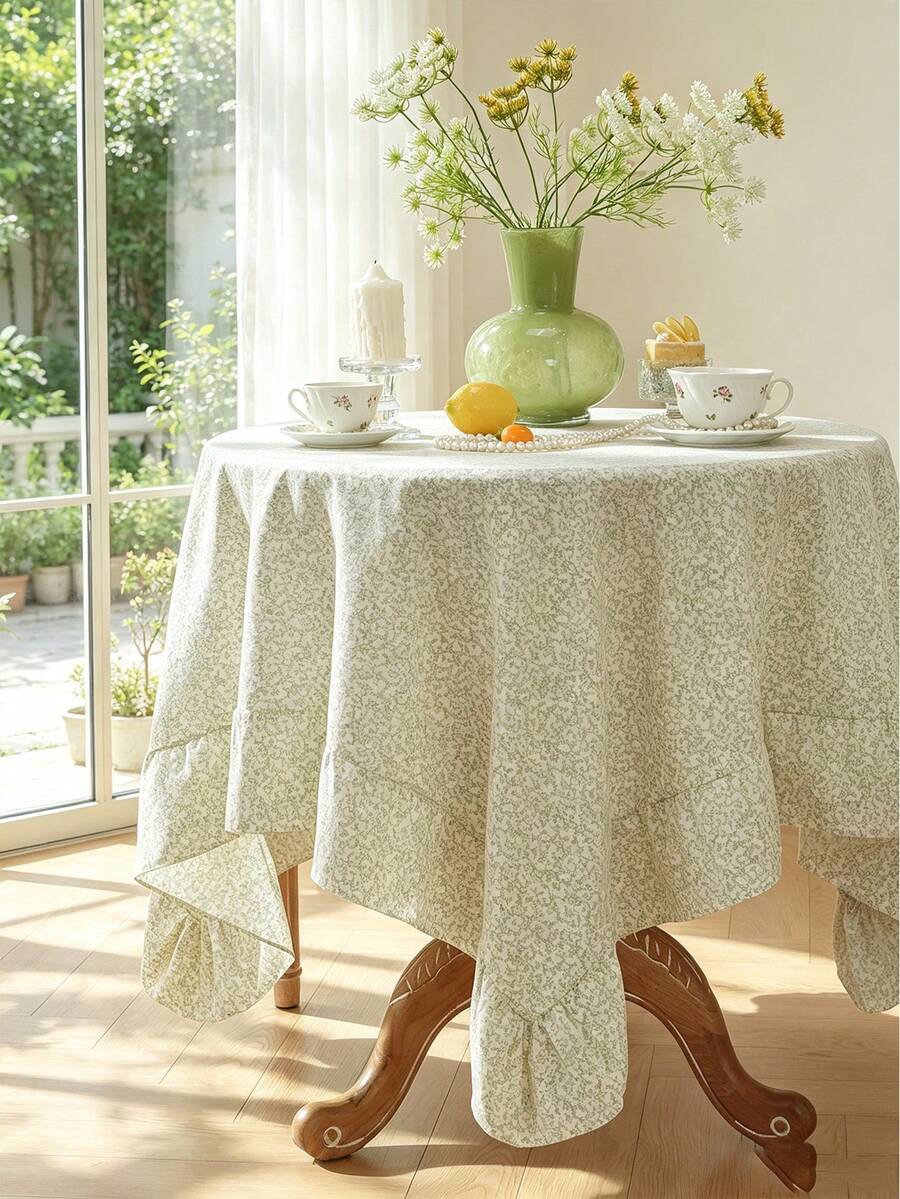 1pc Tablecloth With Scalloped Lace Trim, Polyester Fabric, Light Green Floral Pattern, Rectangular/Square Tablecloth, Suitable For Dining Room And Living Room Tabletop Decoration