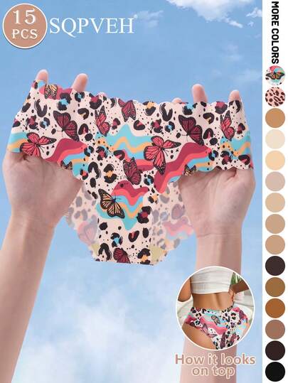 SQPVEH 15pcs/Pack Solid Color & Leopard Print Wavy Edge Design Fashion Women's Panties Sexy Seamless Smooth Comfortable Breathable