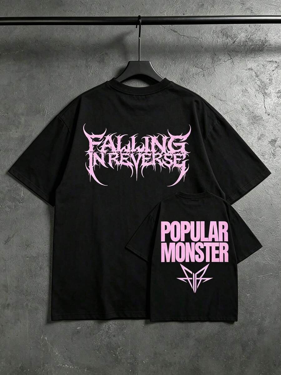 Vintage Falling In Reverse Graphic T-Shirt, Men's Summer Collection, Short Sleeve Crew Neck, Casual Streetwear Top - 黑色 - 查看 1