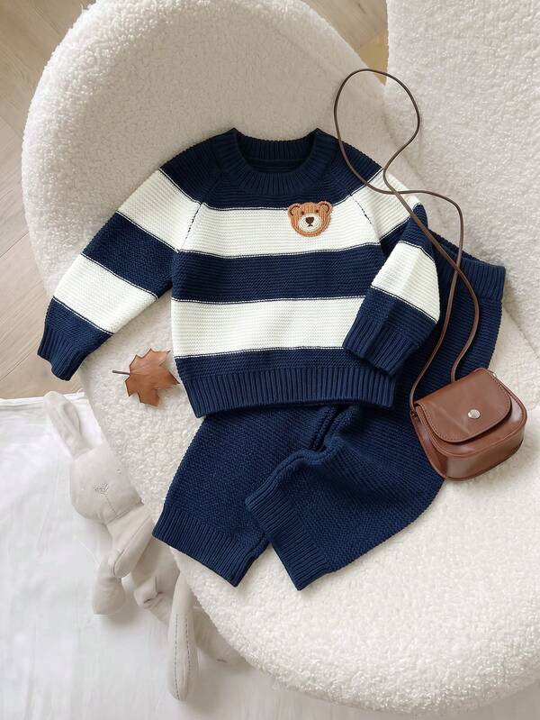 Autumn/Winter New Baby Toddler Color Block Striped Long Sleeve Bear Pattern Crew Neck Knit Sweater & Pants Set