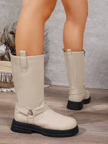 Women's Round Toe Fashion White Mid-Calf Boots, Solid Color Casual Microfiber Leather Outdoor Winter Autumn - Beige - View 5