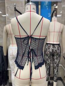 Women Summer Y2k Casual Lace Patchwork V-Neck Tank Top Fashionable Spaghetti Straps Open Back Crop Tops Sleeveless Tie Up Back T-Shirt Streetwear - 藍色 - 查看 7