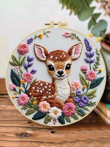 Cute Deer Floral Embroidery Kit, Suitable For Adult Beginners. Includes Instructions, Printed Fabric, Embroidery Hoop, Needles, Threads And Stitch Guide. Perfect Home Gift For Women. Size: 15x15cm/5.9in Or 20x20cm/7.9in - Deer - View 6