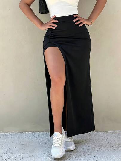 Falda Maxi de Cintura Alta con Fruncido Lateral, Abertura Alta en Muslo y Short Interno, Falda Elástica para Uso Diario, Salidas y Citas
