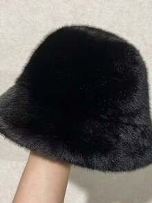 1pc Faux Rabbit Fur Adjustable Bucket Hat For Women, Face-Slimming, Warm, Versatile, Large Head Circumference, White, Plain, Plush, Autumn/Winter - Plush - View 5