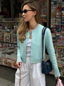 Senya 2026 Women's Mint Green Knit Cardigan, Crew Neck Button Front Long Sleeve Sweater, Slim Fit Cropped Preppy Minimalist Casual Spring Fall Top - Mint Blue - View 2