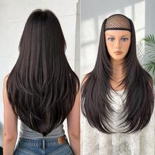 HEYPINK Ekstensi Rambut Jepit Bentuk V untuk Wanita 24 Inci Satu Bagian Ekstensi Rambut Lurus Sintetis untuk Seluruh Kepala dengan 5 Jepitan Cokelat Gelap - Hitam Coklat - View 4