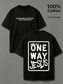 Vintage T-Shirt in Übergröße One Way Jesus Christian, 180g Baumwolle, Unisex-Streetwear-Stil im Used-Look, Sommer-Oberteile - Schwarz - Übersicht 1
