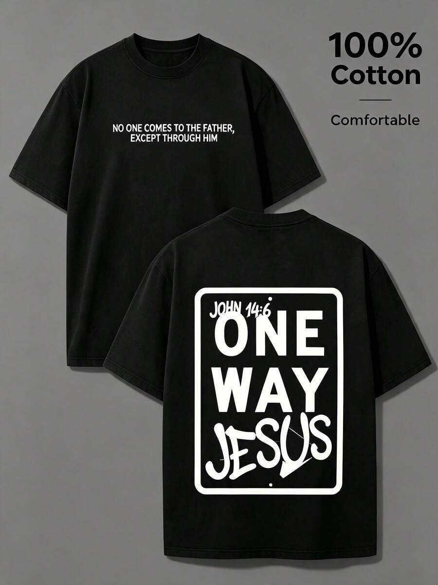Vintage T-Shirt in Übergröße One Way Jesus Christian, 180g Baumwolle, Unisex-Streetwear-Stil im Used-Look, Sommer-Oberteile - Schwarz - Übersicht 1