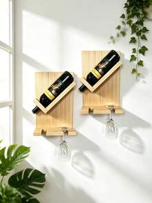 Rustic Wooden Wine Rack & Glass Holder: Wall-Mounted Home Decor, Floating Wooden Wine Bottle Rack, Wine Glass Holder, Suitable For Home, Kitchen, Dining Room And Bar Decoration - Multicolor - View 3