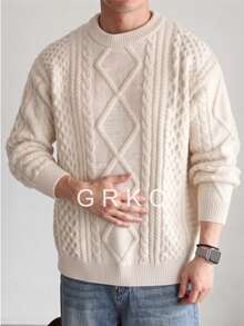 GRKC Solid Color Minimalist Cable Knit Men's Sweater, Casual Fashion Home Office Commute Long Sleeve Crew Neck Pullover, Autumn/Winter - Apricot - View 4