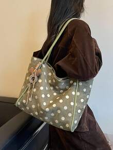 1件女款秋冬新款大容量拼色單肩托特包，時尚通勤包，適用大學、辦公室、學校及休閒穿搭 - 綠色 - 查看 5