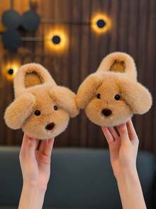 1 Pair Unisex Plush Slippers, Dog Ear Design, With Plush Lining, Non-Slip Soft Rubber Sole, Suitable For Toddlers And Children Indoor Warm Home Slippers - Light Coffee - View 5