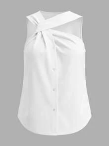 Women's Asymmetrical Twist Neck Halter Sleeveless Top White Summer - White - View 7