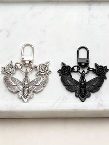 Gothic Death Moth Rose Keychain, Vintage Skull Butterfly Metal Key Ring, Dark Academia Punk Bag Charm, Car Key Accessory Gift - Multicolor - View 3