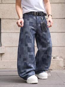 1Pc Men's Retro Blue Wash Mosaic Checkered Jacquard Baggy Wide Leg Jeans - Blue - View 3