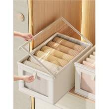 1/2pcs Fabric Storage Box With Visible Window And Lid, Linen Material Closet Organizer - Beige - View 9