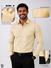 Men's Long Sleeve Spandex Dress Shirt - 米色 - 查看 7