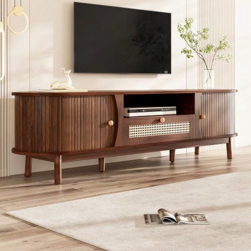TV Cabinet With Doors And Drawers. Rattan TV Cabinet, Solid Wood Doors, Country-Style Storage Solution – Low Front Panel.