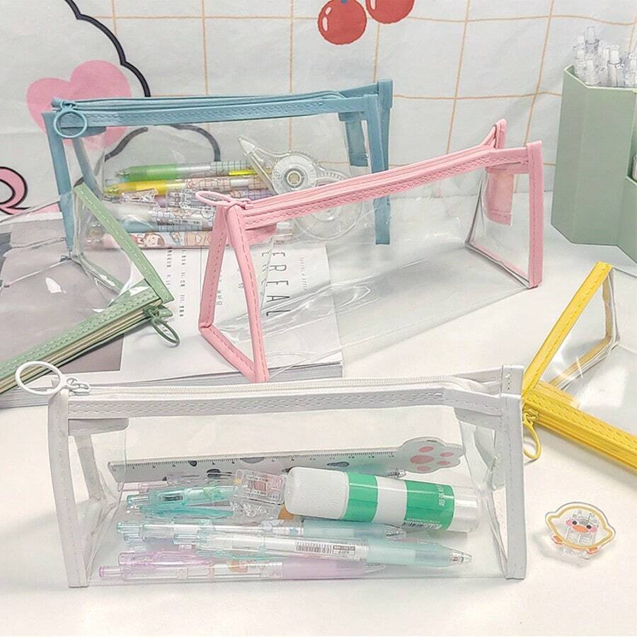 Student Transparent PVC Pencil Case, Large Capacity For Exams, Minimalist Highly Attractive Stationery Box, Waterproof INS Style Pencil Holder, Multiple Colors To Choose From